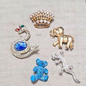 Vintage Rhinestone Animal Snake Teddy Bear Lizard Brooch 5 Pin Lot